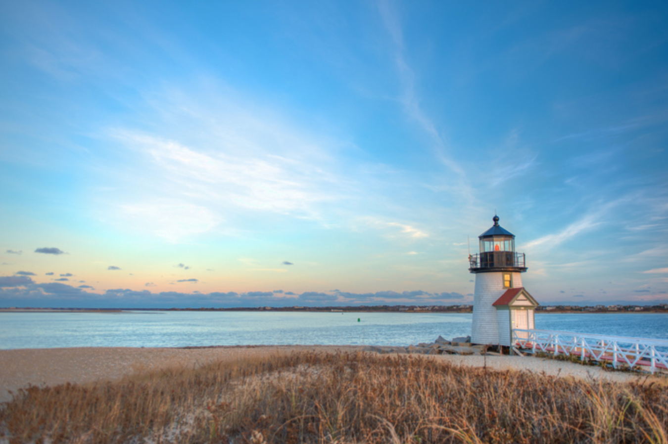 Brant Point Lighthouse during sunset in Nantucket, Massachusetts.