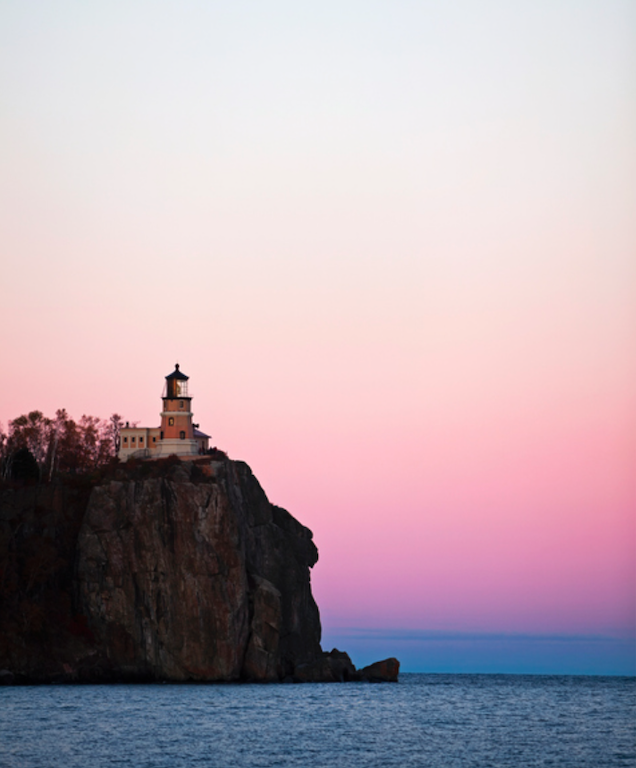 Split Rock Lighthouse during sunset on Lake Superior's North Shore.