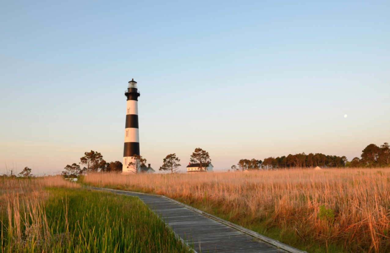 Lighthouse at sunset on a summer evening in Outer Banks, North Carolina.